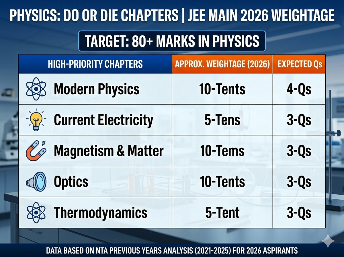 Infographic chart detailing High Priority Physics chapters for JEE Main 2026 and their weightage, adapted for mobile view.
