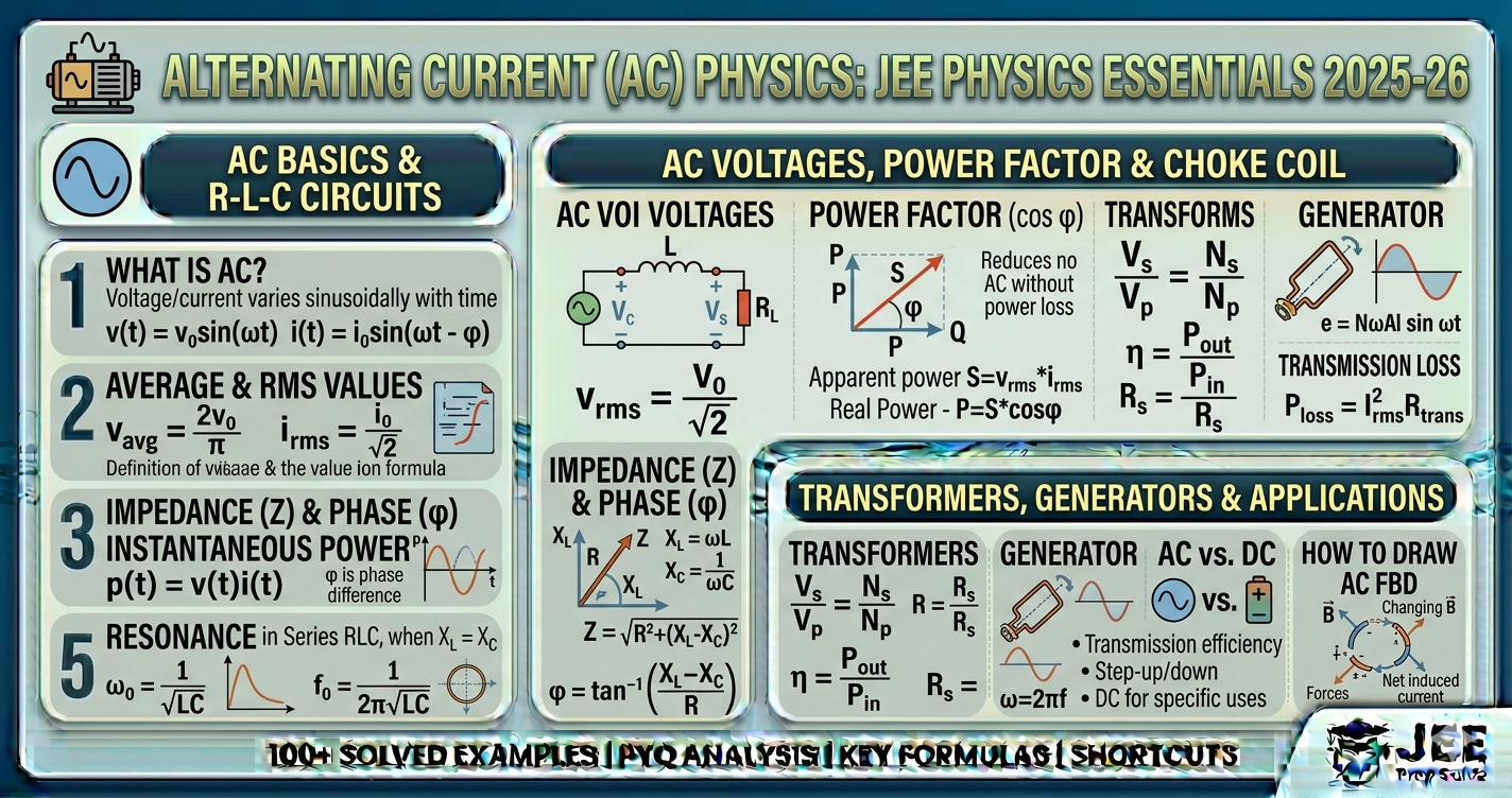 Alternating Current JEE notes, Formulas, PYQs, RLC Circuits, Phasor Diagrams
