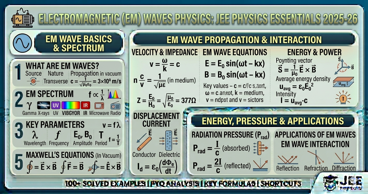 Electromagnetic Waves JEE notes, Maxwell Equations, EM Spectrum, Formulas, PYQs