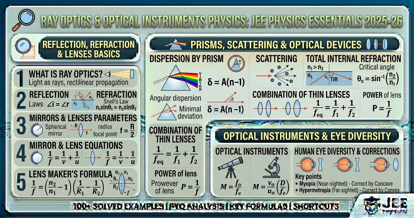 Ray Optics JEE notes, Formulas, PYQs - Reflection, Refraction, Mirrors, Lenses